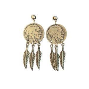 Native Inspired Buffalo Nickle Feather Earrings Dangle Indian Head Pierced Boho